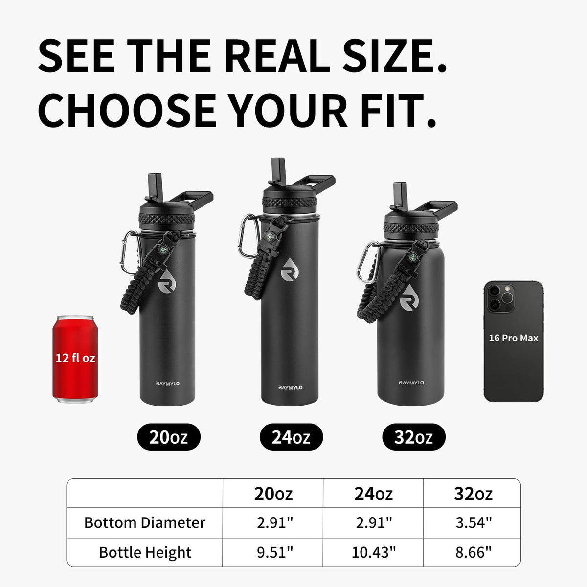 RAYMYLO Insulated Water Bottle 20 oz, Triple Wall Vacuum Stainless Steel (Cold for 24Hrs, Hot for 12Hrs), Leak Proof & Non-BPA, Modern Water Bottle Jug for School with Straw Spout Lids