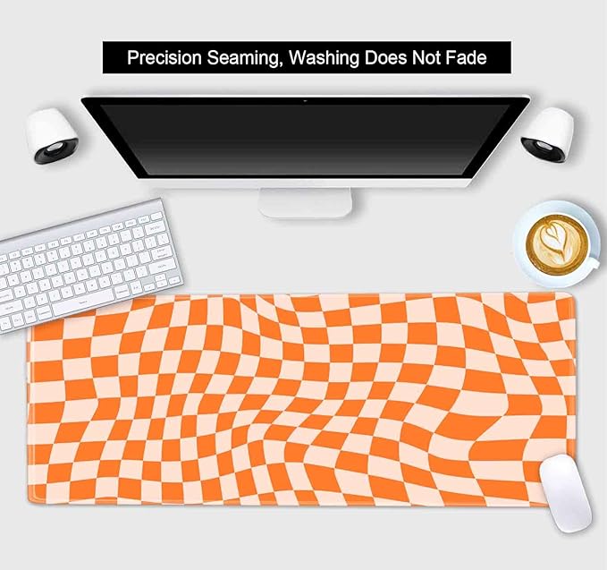 Orange Checkered Desk Pad, Boho Pattern Extra Large Mouse Pad, Desk Protector Pad, Writing Mat for Work Home Decor, Non-Slip Rubber Gaming Mouse Pads for Computer Laptop, 31.5 X 11.8 in