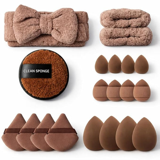 20 Pcs Makeup Sponges Set Beauty Blender Triangle Puffs Mini Sponge Spa Headband & Wristband Remover Pad Cosmetic Applicator for Powder Foundation Liquid Cream Multi - Functions Kit (Brown)