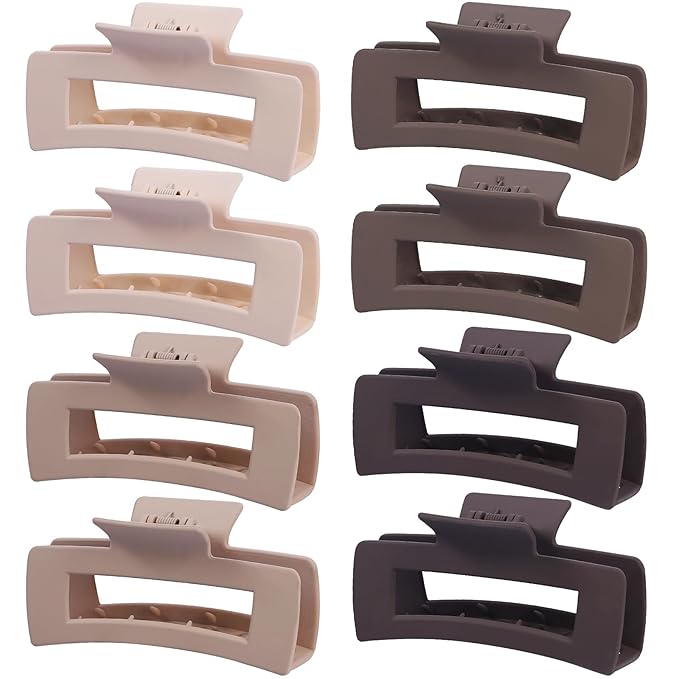 8 Pcs Large Hair Claw Clips 4.1 Inch Non-slip Big Square Matte Hair Claws for Women, Strong Hold Banana Clip for Thick Thin Hair(White/Brown)