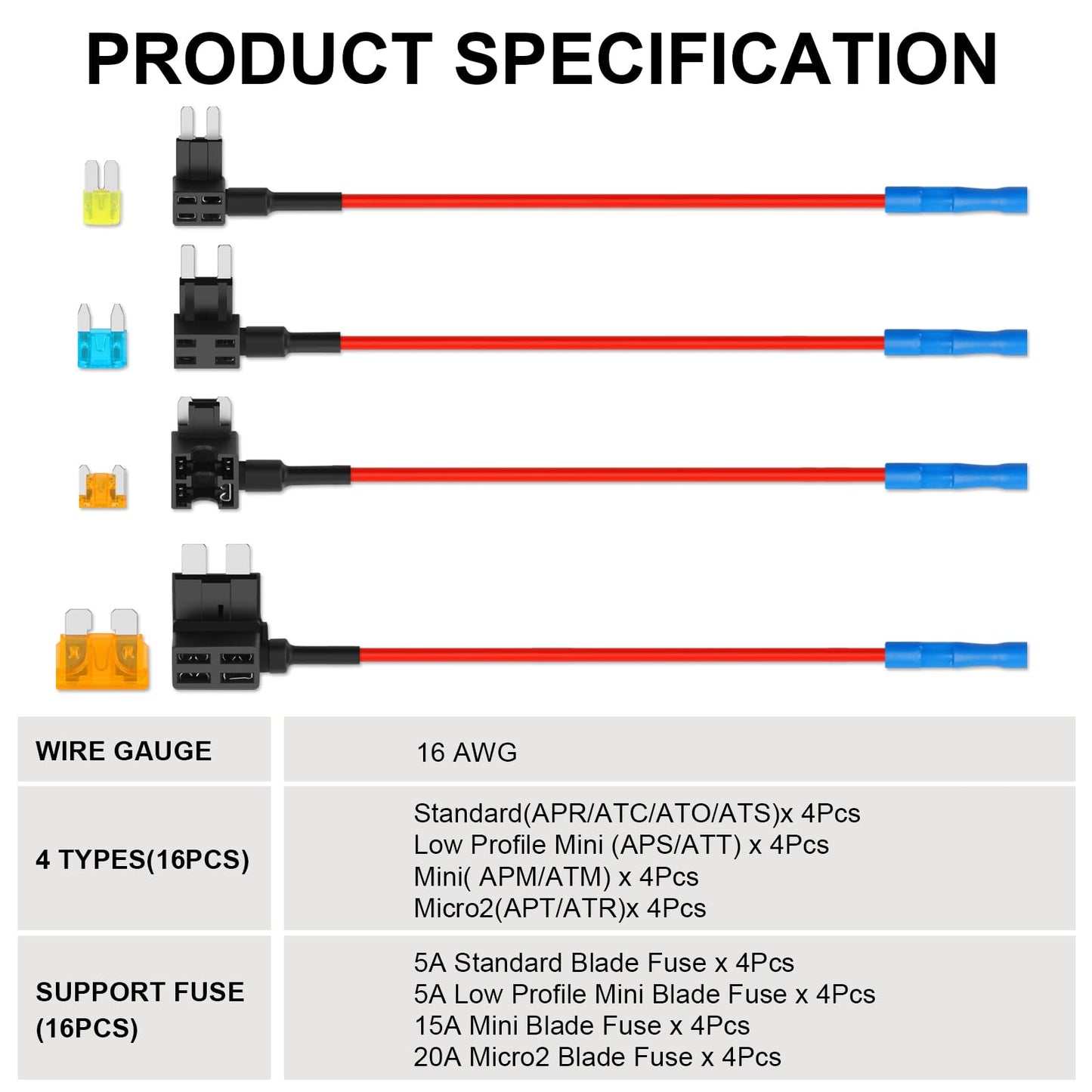 Cooclensportey 16 Pack 4 Types Fuse Tap, Upgraded 12V Car Add a Circuit Fuse Tap Kit - Standard Mini Micro2 and Low Profile Mini Fuses Taps, ATO ATC ATM APM Fuses Adapter Jumper for Cars Trucks Boats