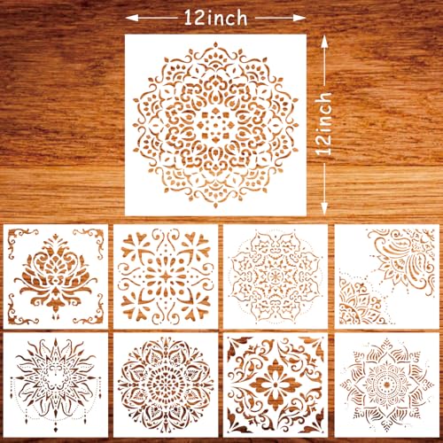 9 Pack 12 x 12 Inch Large Mandala Stencils, Furniture and Wall Mandala Stencils for Crafts Reusable for Wood, Canvas, Fabric and Spray Painting