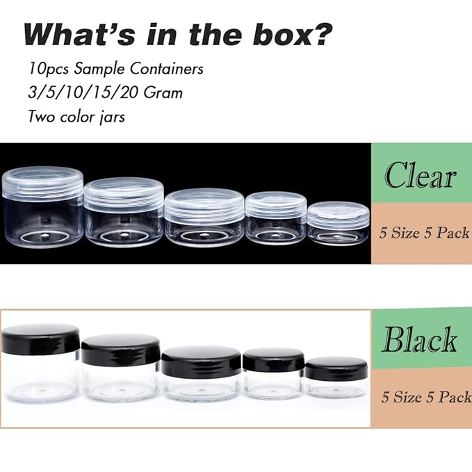 10pcs Small Travel Containers with Screw Lids, 5 Size 3/5/10/15/20 Gram Sample Jars with 12 Labels and 2 Mini Disposable Spatulas, Makeup Containers BPA Free