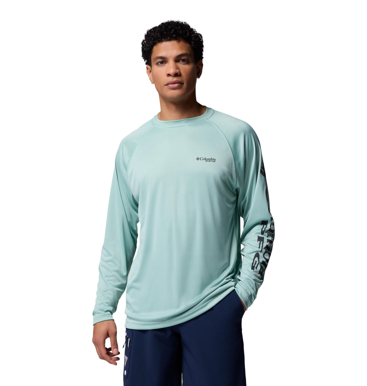 Columbia Men's PFG Terminal Tackle Long Sleeve Fishing Shirt, Misty Jade/Shark Logo, Large Tall