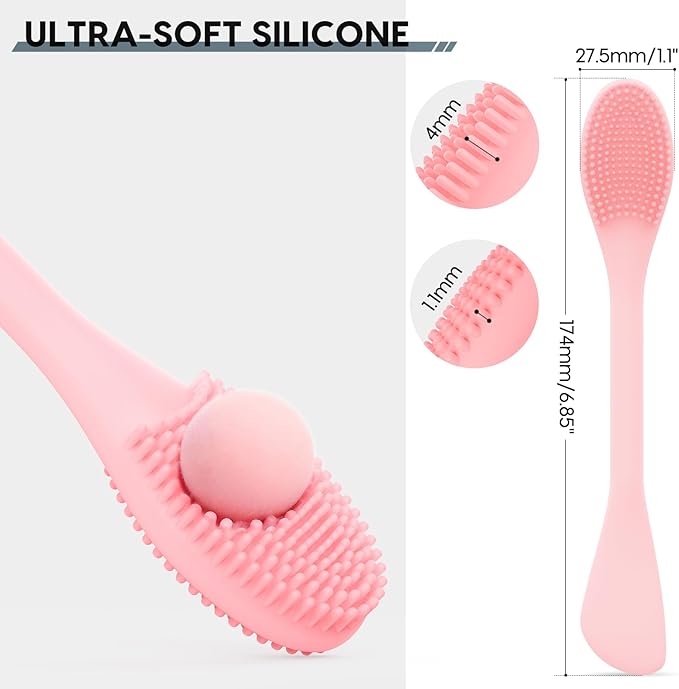 Silicone Facial Cleansing Brush - 2PC Double Ended Exfoliator for Deep Pore Cleaning, Blackhead Removal & Makeup Application - Soft, Hygienic & Waterproof Face Scrubber MassagerÃ¯Â¼ÂPink + BlueÃ¯Â¼Â