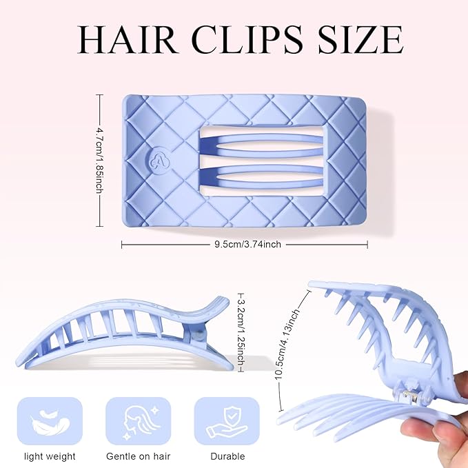 Large Flat Hair Claw Clips for Women for Thin Thick Hair, Stylish Strong Hold Non Slip Square Hair Clips, Cozy French Lay Down Hairclips, Green, Purple, Blue, Gardenia, 4 Pcs