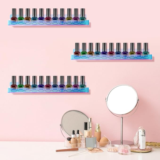 15" Nail Polish Rack Wall Mounted Floating Shelves Acrylic Paints Gel Polish Organizer and Storage with End Caps for Kid Room, Books, Nail Techs, Art Lovers, Great Display Salons, Rainbow