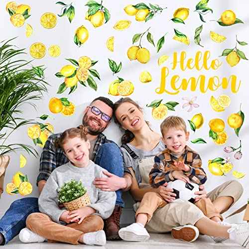 6 Sheet Lemon Wall Decals Decor Peel and Stick Wall Stickers Art for Kitchen Boho Fruit Flower Botanical Leaf Decals Yellow Green Lemonade Wallpaper Summer Lemon Stickers for Living Dining Room