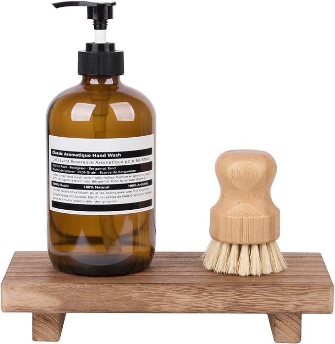 zoocatia Small Wood Tray Pedestal Stand Farmhouse Bathroom Decor Decorative Wooden Riser Kitchen Soap Dish Holder for Vanity, Counter, Sink, Brown