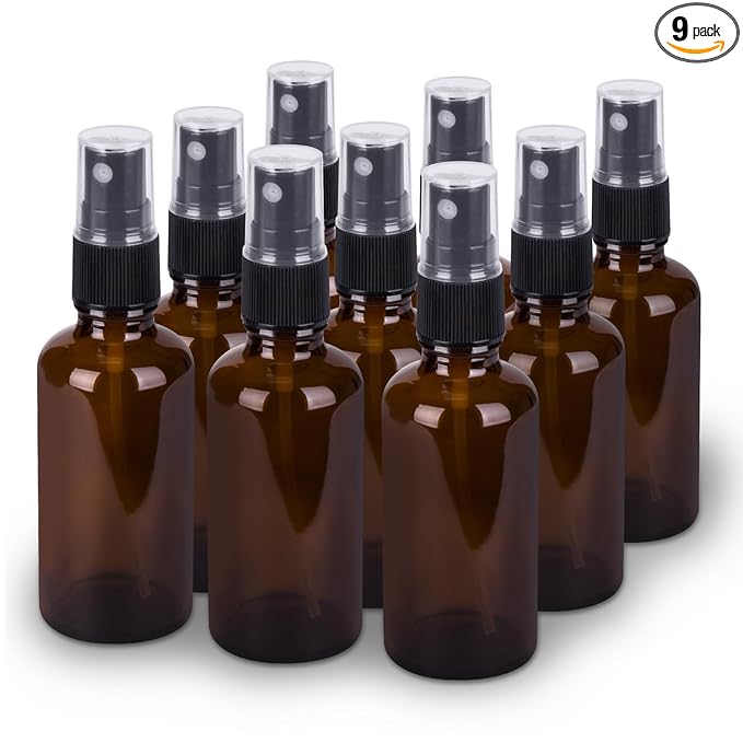 9 Pack Amber Glass Small Spray Bottles, 2oz Travel Fine Mist Empty Mini Spray Bottles for Essential Oils and Hair
