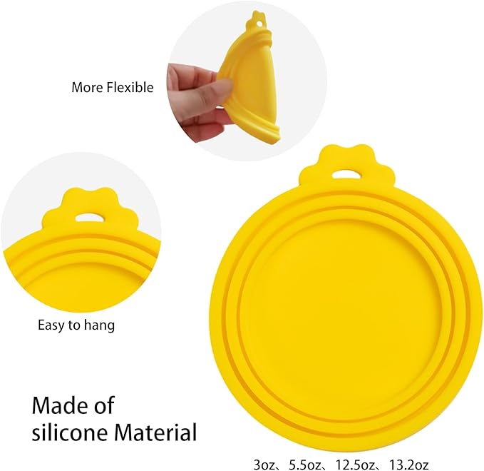 PINE & LINEN 4 Pcs Durable Pet Can Lids,One fit 3 Standard Size Silicone Waterproof Cat Food Cans Lids for 3oz/5.5oz/12.5oz/13.2oz Cat Food Cans（Yellow）