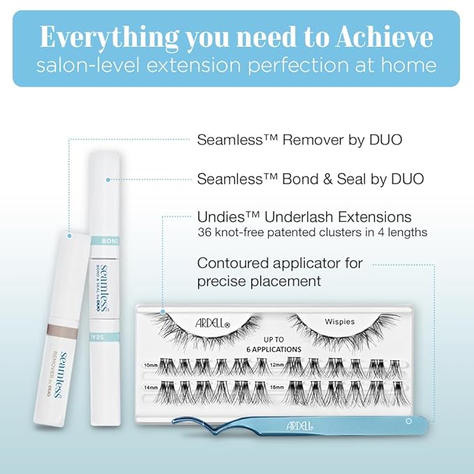 Ardell Seamless Underlash Eyelash Extensions Wispies – DIY Lash Extension Kit with Bond & Seal, Natural Wispy Lash Clusters for Undereye Application, 1 Pack