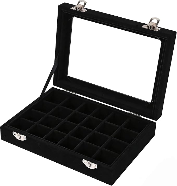 Velvet Jewelry Box 24 Grid Jewelry Earrings Display Organiser Box Ring Tray Holder Earrings Storage Case for Girls Women Wife Mom (Black)