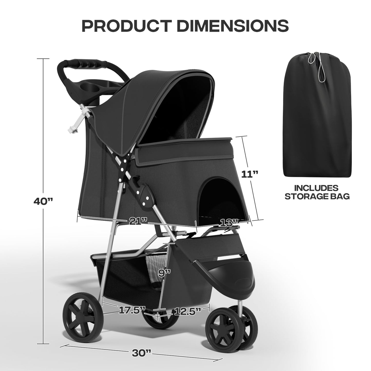 Pet Stroller for Small Dogs 10 lbs, Dog Stroller for Medium Dogs 30 lbs, Cat Strollers for 2 Cats, 3 Wheels Foldable Jogger Puppy Stroller with Storage Basket and Cup Holder, Carbon Black