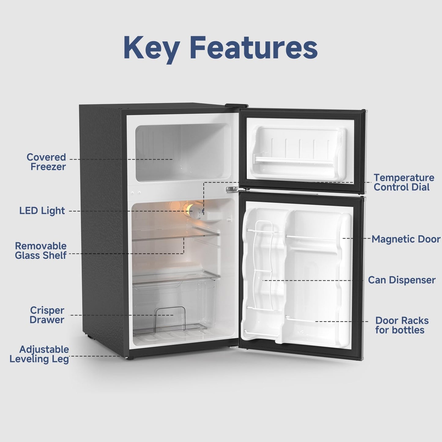 BANGSON Mini Fridge with Freezer, 3.2 Cu.Ft Small Refrigerator, 5 Settings Temperature Adjustable, Low Noise Refrigerator, 2 Door Small Fridge for Apartment, Home, Office and Dorm, Silver