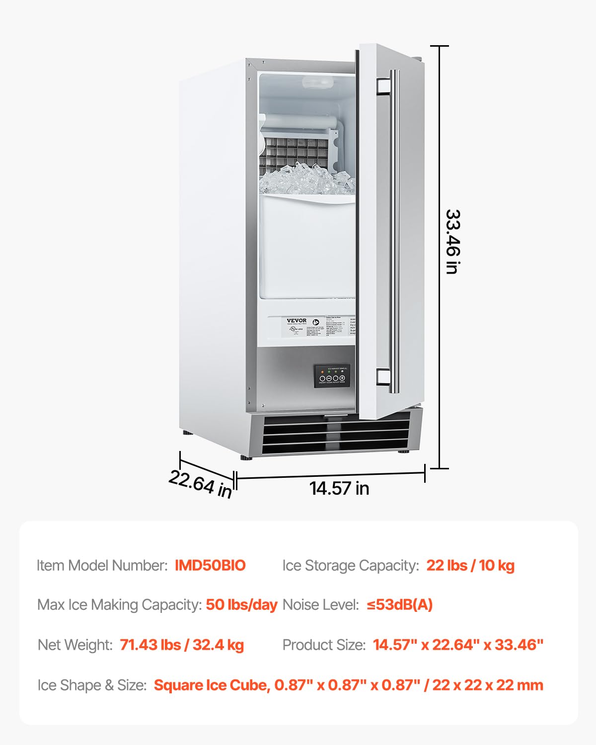 VEVOR Under Counter Ice Maker Machine, 50 Lbs/Day Built in Undercounter Ice Maker with Reversible Door, Stainless Steel, Freestanding Ice Make for Restaurant, Outdoor Kitchen, Terrace, Pool