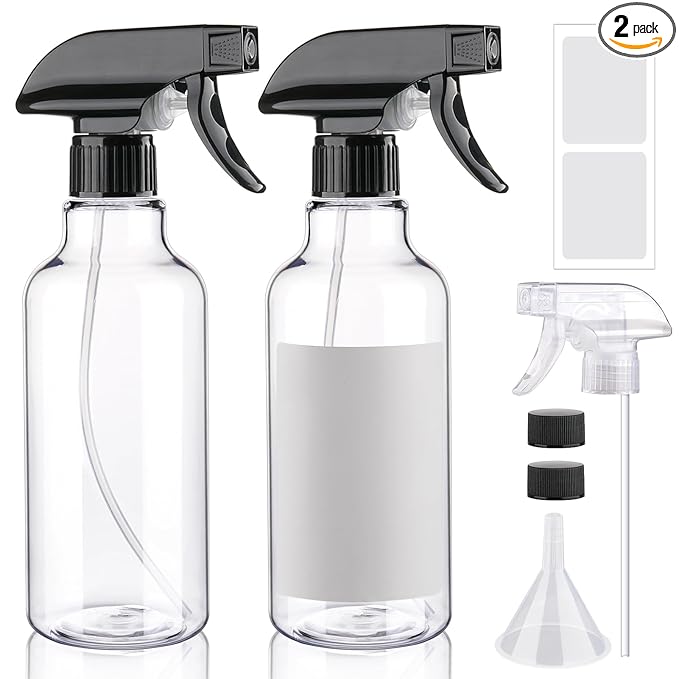 Plastic Spray Bottle 16.9oz Empty Spray Bottles Refillable Container Trigger Sprayer for Cleaning Solutions, Water, Plants, Pet, Essential Oils, Hair, 2 Pack (BlackClear)