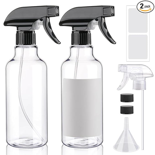 Plastic Spray Bottle 16.9oz Empty Spray Bottles Refillable Container Trigger Sprayer for Cleaning Solutions, Water, Plants, Pet, Essential Oils, Hair, 2 Pack (BlackClear)