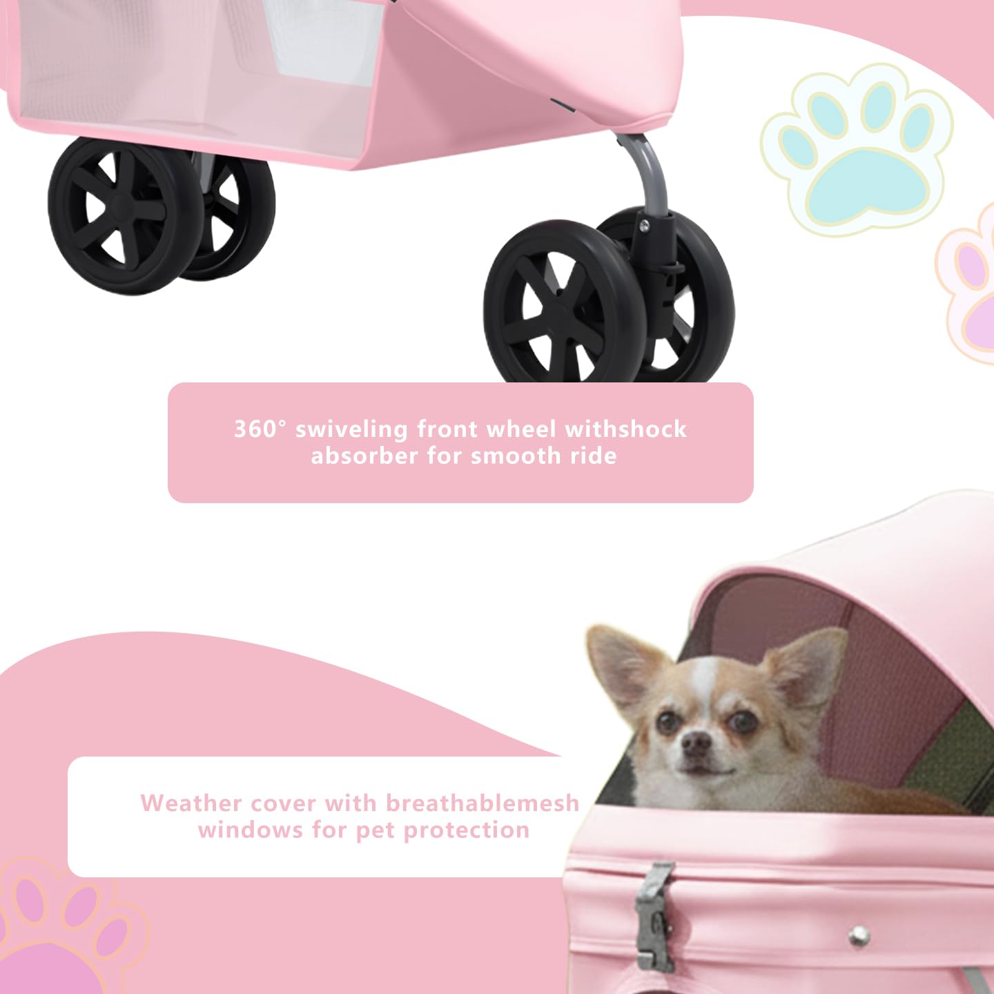 Pet Stroller for Small/Medium Dogs and Cats, Foldable 3 Wheel Jogger with One-Click Fold, Breathable Mesh, Storage Basket, Cup Holder, Weather Cover, (Pink)