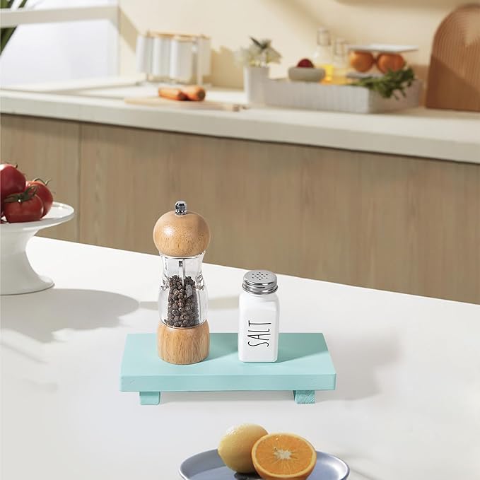 zoocatia Small Wood Tray Pedestal Stand Farmhouse Bathroom Decor Decorative Wooden Riser Kitchen Soap Dish Holder for Vanity, Counter, Sink, Light Blue