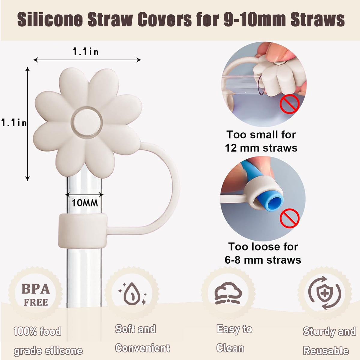 8PCS Silicone Straw Covers Toppers for Stanley Cups 30&40 Oz Tumbler Accessories Flower Straw Caps Brown Dust-Proof Reusable Straw Tips Protectors for Stanley Cup with Handle 10mm 0.4in Straws