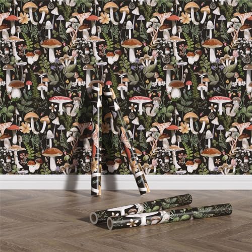 GaliGali Peel and Stick Wallpaper, Contact Paper for Bathroom/Home Decor£¬Black Boho Floral Wallpaper, Mushroom Removable Vinyl Waterproof Self-Adhesive Contact Paper, 17.3"x118", NO.A00121A-3