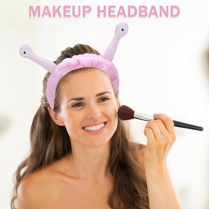 Jowmoy Cute Pink Snail Headband Frog Eye Elastic to Wash Face for Women Makeup Shower Spa.