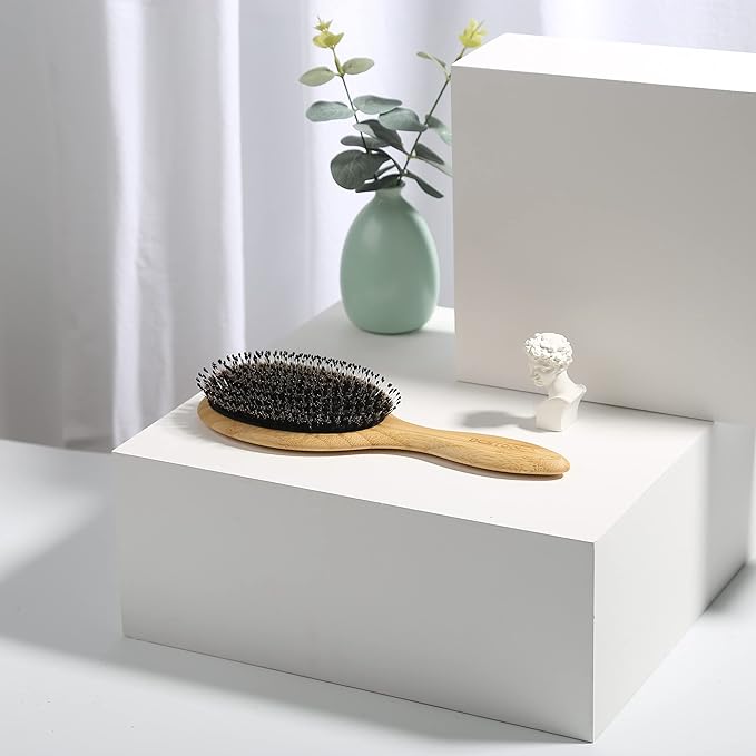 BESTOOL Hair Brush-Boar Bristle Hair Brushes Natural Bamboo Wooden Cushion Massage Anti Static Large Paddle Hairbrush for Women Men and Kid (Round)