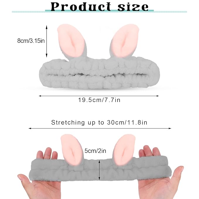 Cute Gray Rabbit Ears Headband Frog Eye Elastic to Wash Face for Women Makeup Shower Spa (1 Pack)