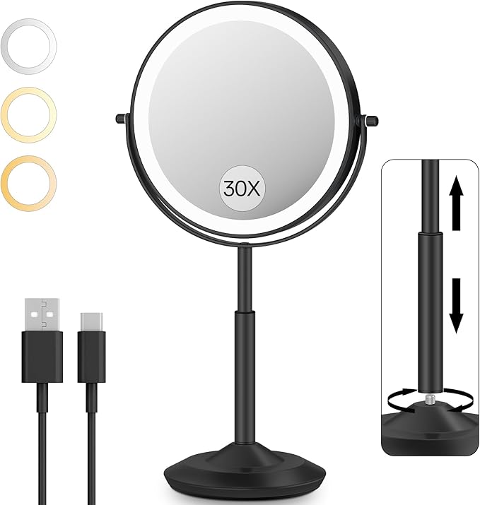 VFD 30X/1X Makeup Mirror with Lights, Height Adjustable Lighted Magnifying Vanity Mirror with 3 Lighting and Adjustable Brightness, 3000mAh Rechargeable Double Sided Switch for Desk Women Gift