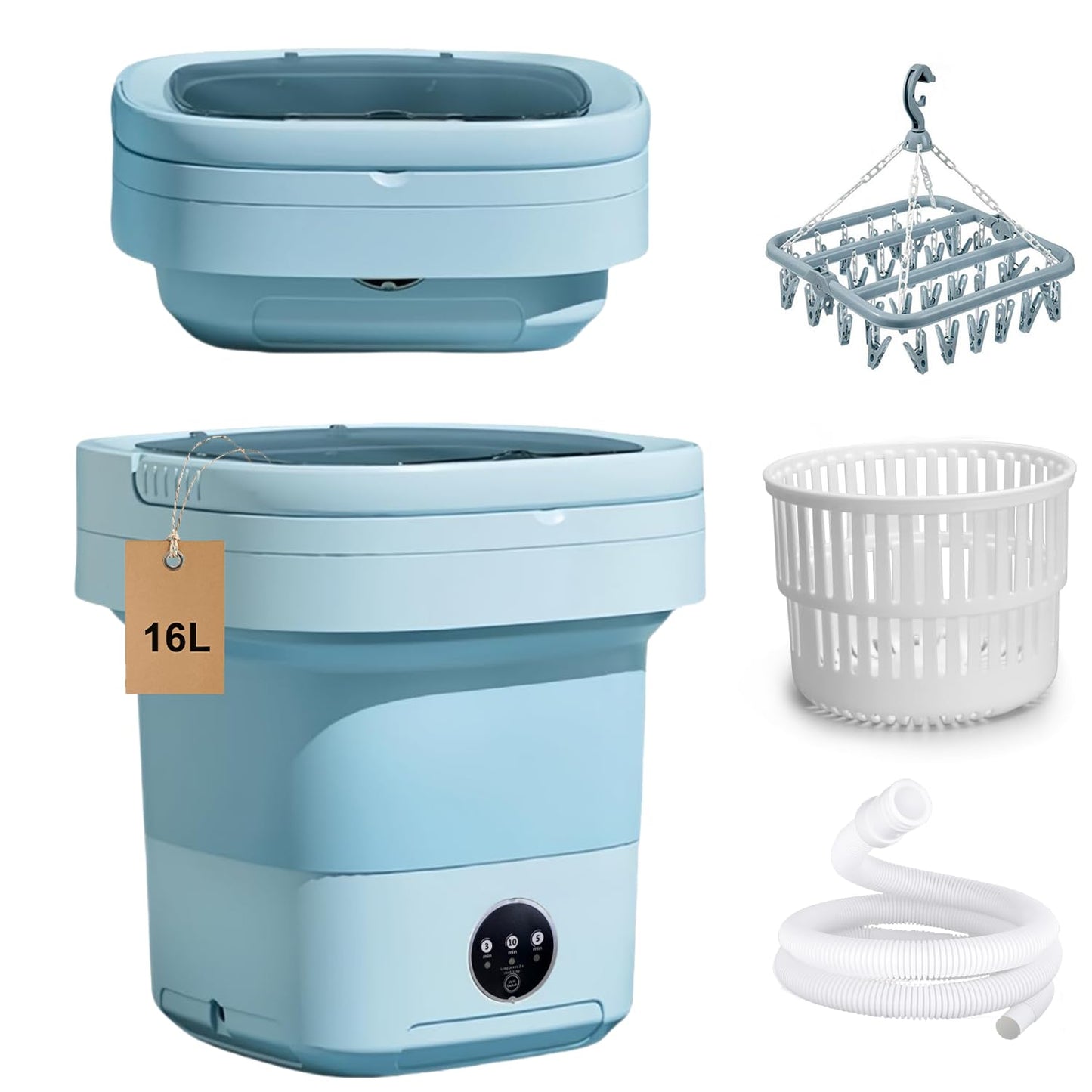 Portable Washing Machine 16L Foldable Mini Washer with Spin Basket, Drying Rack&Drainage Pipe – Compact Collapsible Laundry Set for Small Clothes, Space-Saving Washer for Apartments, Dorms, Travel&RV