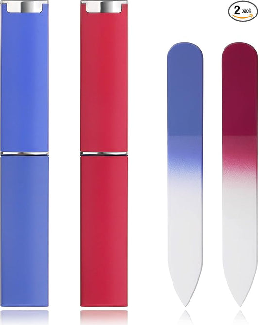 2-Pack Mini Glass Nail File with Case 2mm Thickness Small Crystal Files for Nature Nail Gentle Double-Sided Etched Fingernail Files for Travel Fine Grit Czech Glass Gifts Package Stocking Stuffers