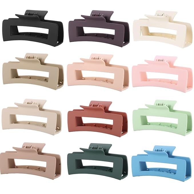 12 Pcs Neutral Square Hair Claw Clips – 4.3" Matte Finish Rectangle Claws for Women Thick & Thin Hair, Everyday Bulk Hair Accessories Set
