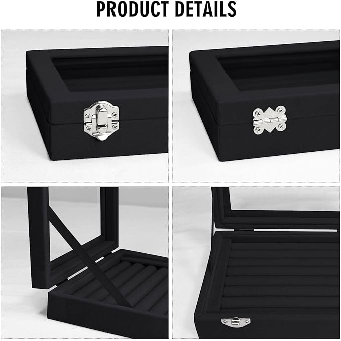 Rings Organizer Tray 7 Slots Velvet Jewelry Earring Storage Box with Transparent lid Jewelry Display Case for Girls Wife Mom Women (Black)