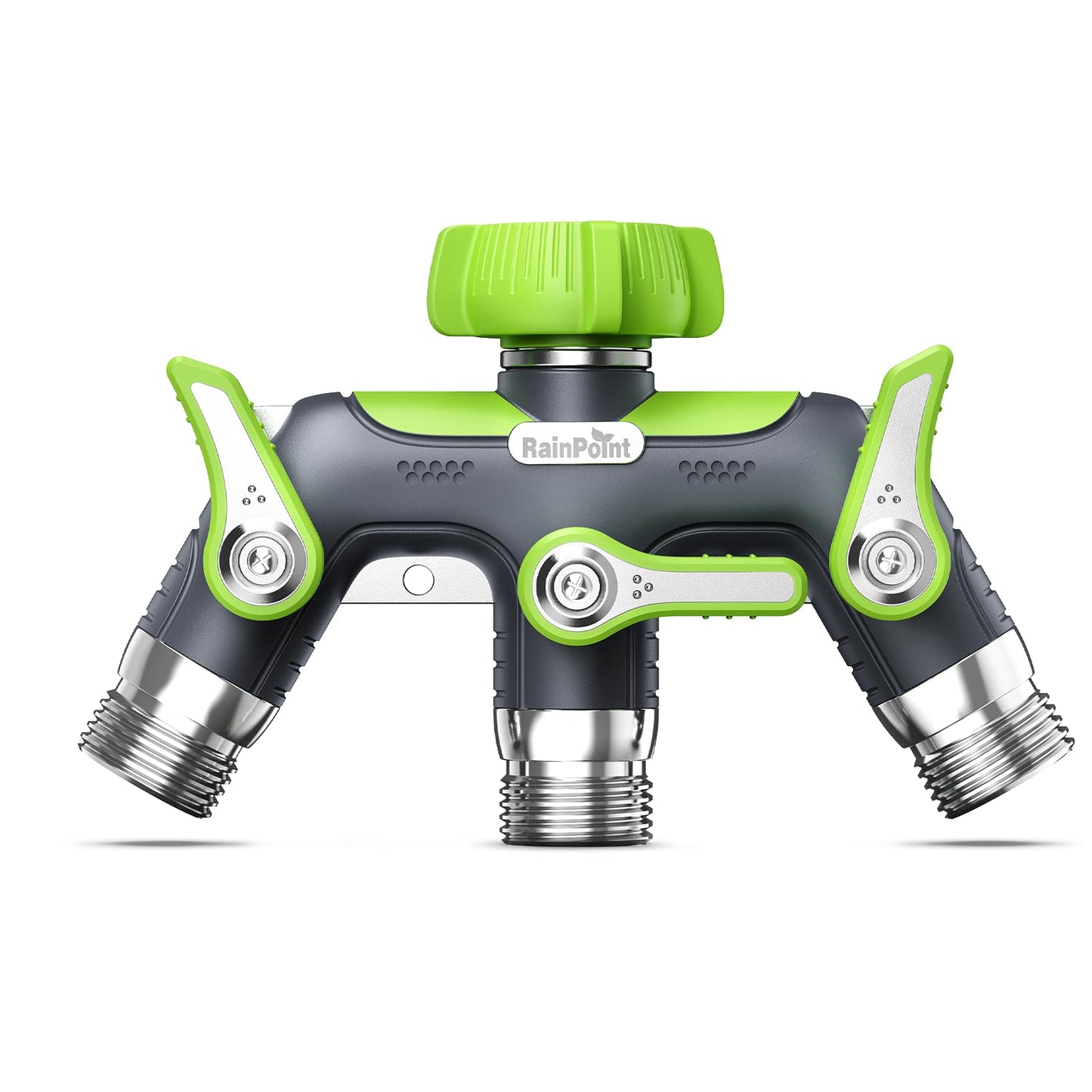 RAINPOINT 3 Way Hose Splitter, 100% Metal Heavy Duty Garden Hose Splitter With 1.9" Extra Long Handle & Individual Shut Off, 3/4 Inch GHT Thread Water Hose Connector For Outdoor Spigot Faucet (Green)