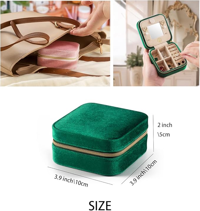 Plush Velvet Travel Jewelry Case, Organizer, Box, Small Case for Women, Earring Organizer with Mirror, Best Gifts For Daughter, Girlfriend, Mom | Gifts For Her - Emerald Green