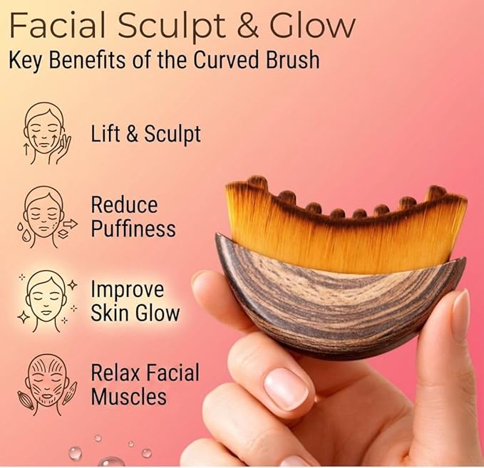 4Self Care Lymphatic Contour Face Brush (2 Pack) Dry Skin Contour & Sculpting Tool, Wooden Lymphatic Massager for Face & Neck, Makeup Prep, Jawline Toning & Facial Definition Enhancement