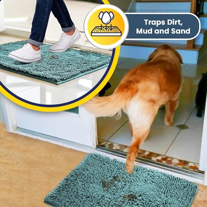 Muddy Mat® | Super Absorbent Door Mat Indoor, Microfiber Quick Dry Chenille Entryway Rug, Non-Slip Front Door Mat, Indoor Mats for Entryway, Machine Washable Pet Rug, Seafoam Green 48"x72"
