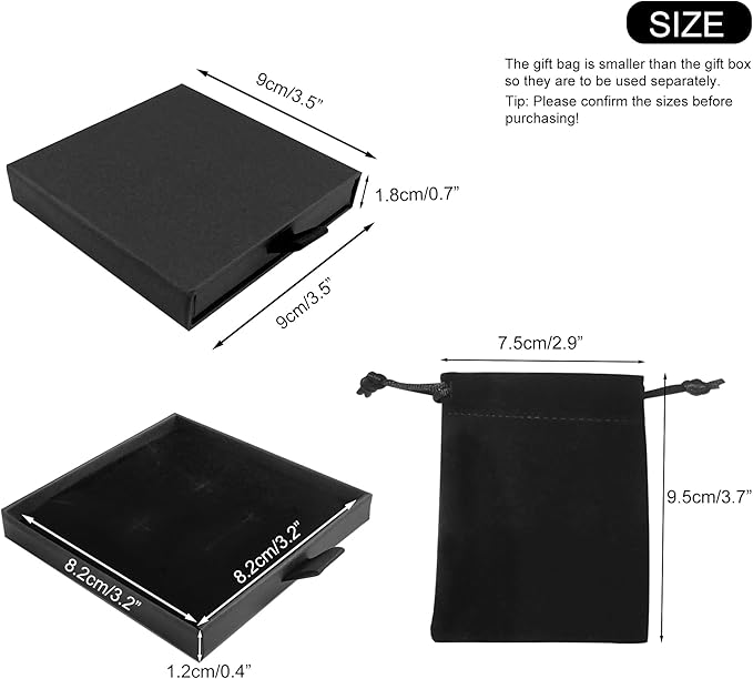 Quacc Small Jewelry Gift Box and Velvet Bag, Necklace Bracelet Earring Cardboard Organizer Square Jewellery Gift Box Pendent Storage Case for Birthday Xmas Christmas Wrapping (Black)