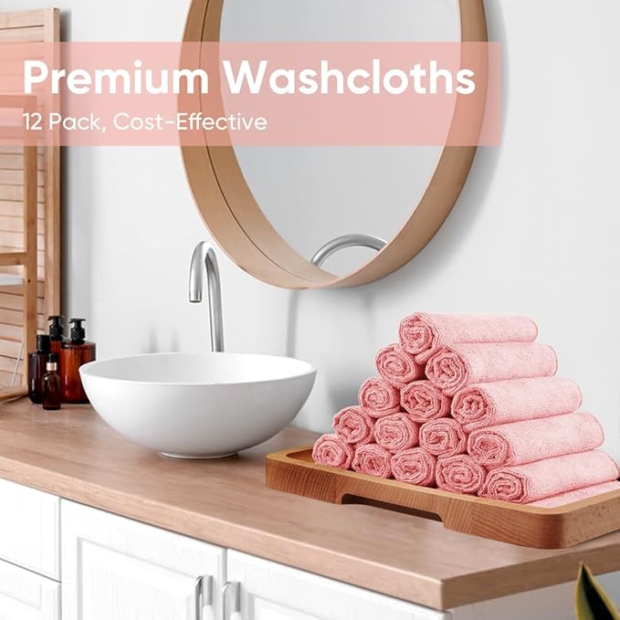 HOMEXCEL Microfiber Washcloths 12 Pack, Highly Absorbent and Soft Face Towel, Multi-Purpose Wash Cloths for Bathroom, Gym, Hotel, Spa and Kitchen, Multicolor 12x12 Inch, Pink