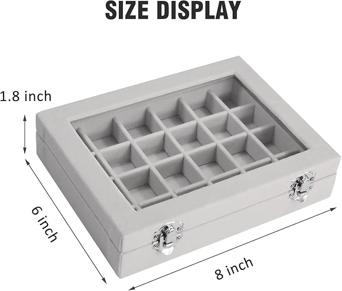 Velvet Jewelry Box 24 Grid Jewelry Ring Display Organiser Box Tray Holder Earrings Storage Case for Girls Wife Mom Women (Gray)