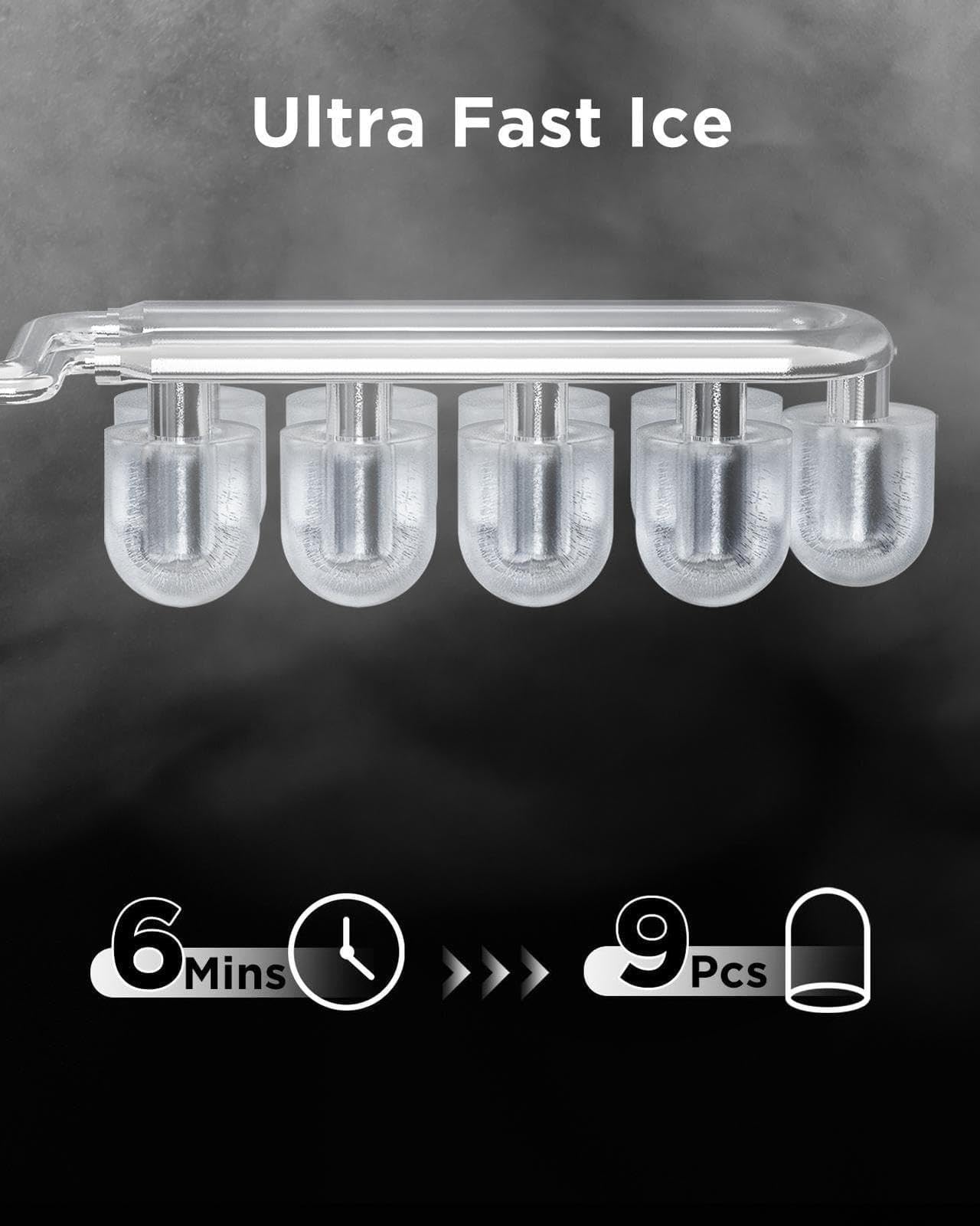Silonn Countertop Ice Maker, 9 Ice Cubes in 6 Mins, 26 Lbs in 24 Hrs, Compact Ice Machine with Ice Basket & Scoop, 2 Ice Sizes Self-Cleaning Ice Maker for Home/Party/Office, Stainless Steel