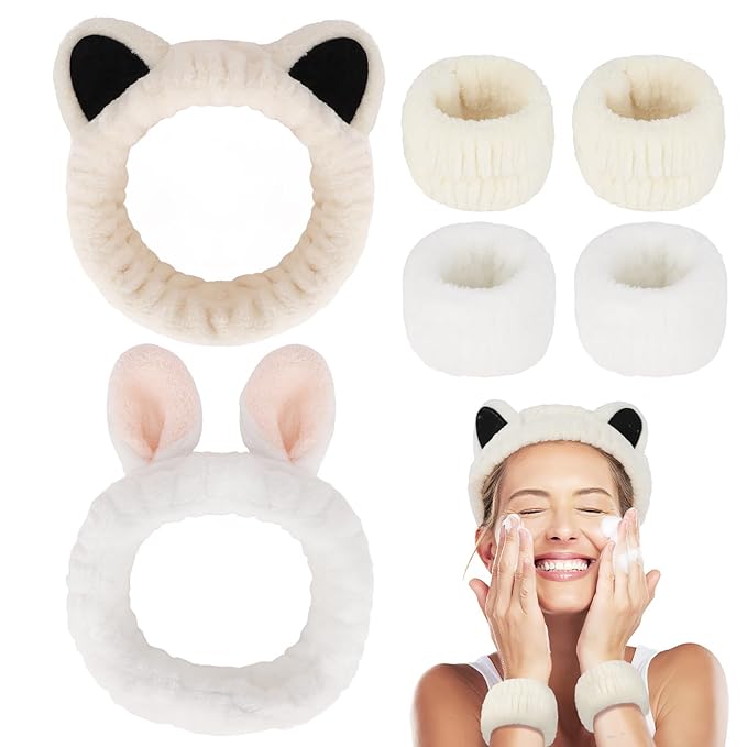 6pcs Ears Spa Headband and Wristband Set, Cute Cat Ears and Bunny Ears Makeup Headbands for Washing Face, Coral Fleece Elastic Head Band for Women Girls