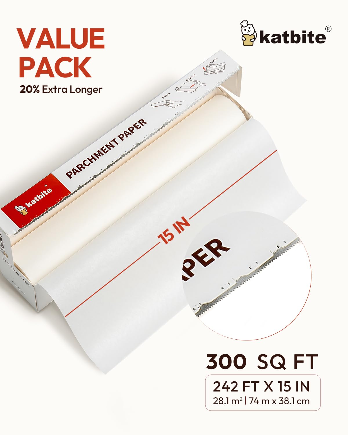 Katbite 2 Pack 15in x 242ft Parchment Paper Roll, 300 Sq. Ft Non-stick Baking Paper with Serrated Cutter, Perfect for Cooking, Air Fryer, Steaming, Bread - Value Pack