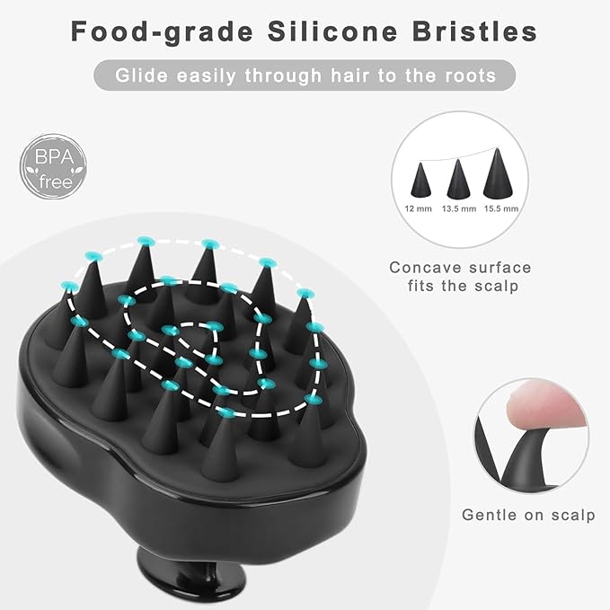 FREATECH Scalp Scrubber Scalp Massager Hair Growth, Shower Shampoo Brush with Silicone Bristles for Dandruff Removal and Hair Care, Wet & Dry Hair Massager Scalp Exfoliator for Men Women Kids，Black