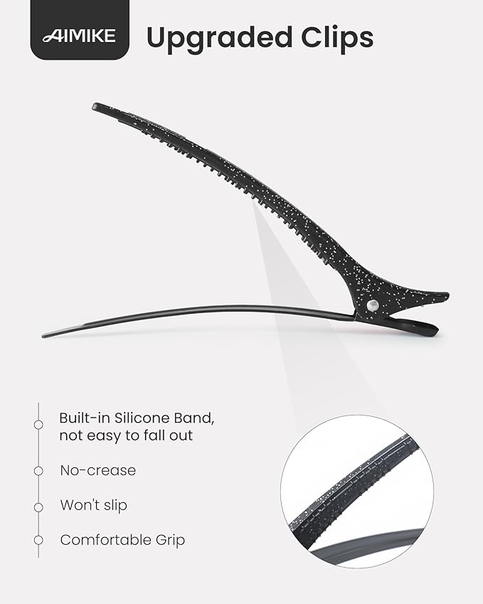 AIMIKE Extended Sectioning Hair Clips w/Built-in Silicone Band, 4.8" No-Crease Non-Slip Hair Styling Clips for Thick, Curly Hair –Blow Drying, Hair Rollers, Rust-Free – 6 Pack, Glitter Duckbill Clips