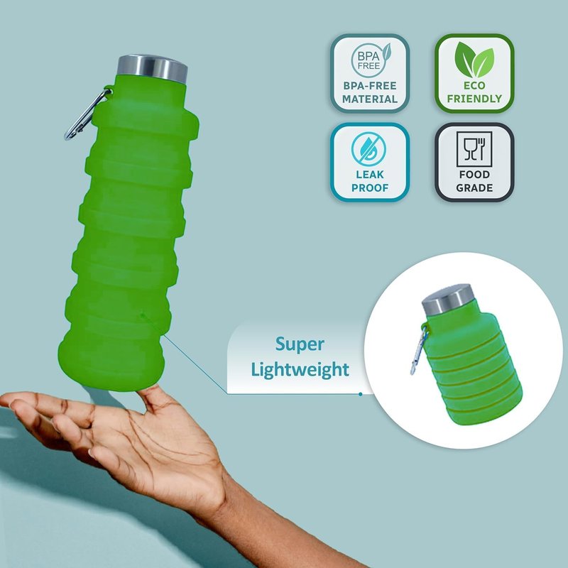 vadoworld Collapsible Water Bottles 17oz, Odorless BPA-Free Silicone, Leak-Proof Foldable Reusable Bottle - Perfect for Travel Sports Gym Hiking Camping Cycling - Green
