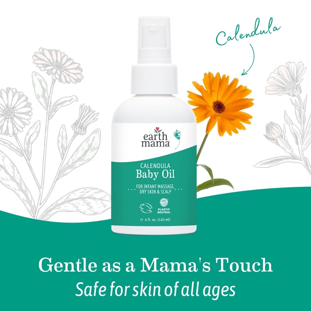 Earth Mama Calendula Baby Oil | Massage Oil for Newborn Skin Care, Dry Skin & Scalp Moisturizer, Fragrance Free, 4-Fluid Ounce (2-Pack)