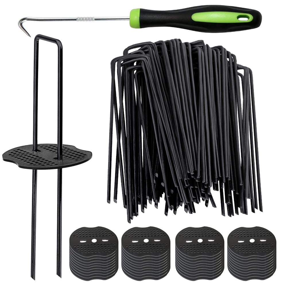 Bakulyor 200pcs Black Landscape Staples + 200pcs Buffer Washer, 6 Inch 11 Gauge Garden Stakes Staples, U Shaped Galvanized Lawn Pins Heavy Duty Yard Ground Pin for Weed Barrier Sod Fabric Decorations