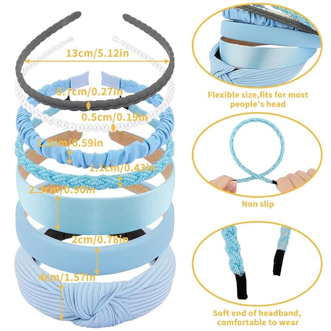 AHONEY 7 Pack Light Blue Headbands for Girls Women Headbands Trendy Non Slip Hairbands Cute Hair Accessories Multi-style Preppy Headband Pack Diademas Para Mujer